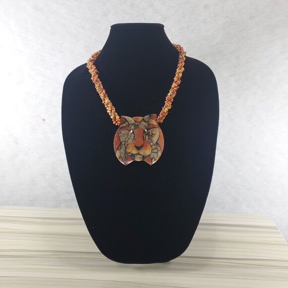 Vintage Lee Sands Inlaid Lion Pendant Statement Necklace Coral Orange 9" 22" - Picture 2 of 12